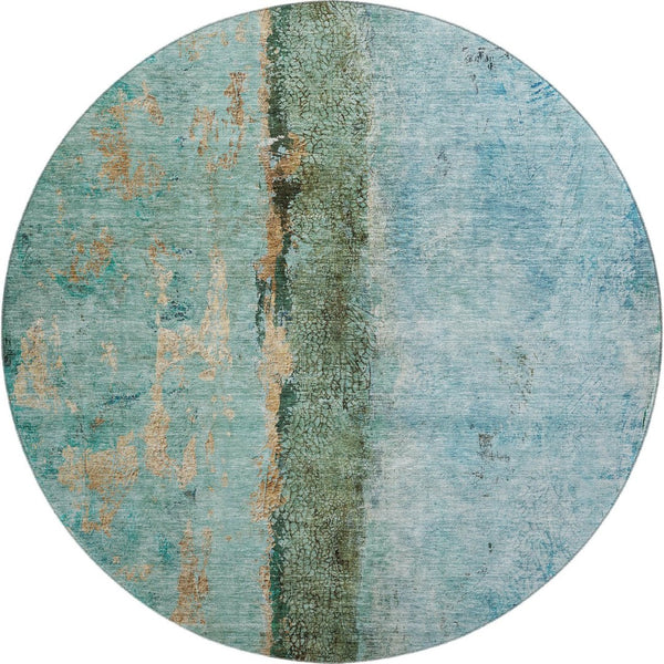 HomeRoots 8' Washable Round Rug in Blue, Gold & Green - Abstract Design with UV Protection for Durability & Style 651019
