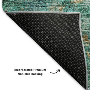 HomeRoots 8' Washable Round Rug in Blue, Gold & Green - Abstract Design with UV Protection for Durability & Style 651019