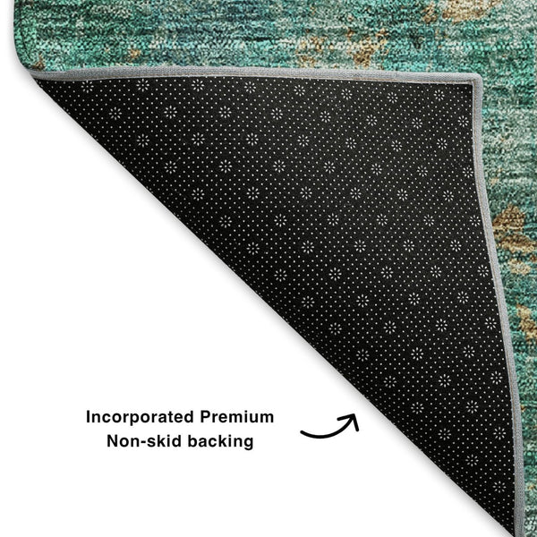 HomeRoots 8' Washable Round Rug in Blue, Gold & Green - Abstract Design with UV Protection for Durability & Style 651019