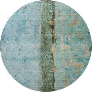 HomeRoots 8' Washable Round Rug in Blue, Gold & Green - Abstract Design with UV Protection for Durability & Style 651019