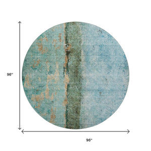 HomeRoots 8' Washable Round Rug in Blue, Gold & Green - Abstract Design with UV Protection for Durability & Style 651019