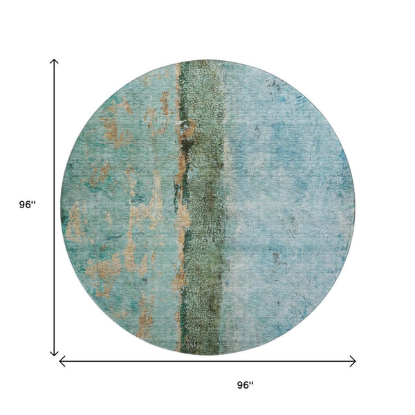 HomeRoots 8' Washable Round Rug in Blue, Gold & Green - Abstract Design with UV Protection for Durability & Style 651019