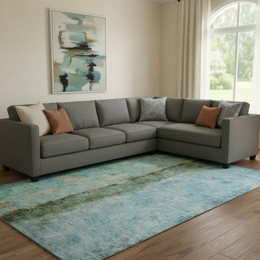 HomeRoots 8' X 10' Vibrant Blue, Gold & Green Abstract Washable Area Rug with UV Protection & Stain Resistance 651020