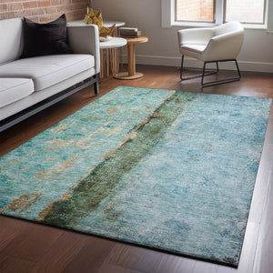 HomeRoots 9' X 12' Abstract Area Rug in Blue, Gold & Green - Washable, UV Protected, Stain Resistant Design 651021