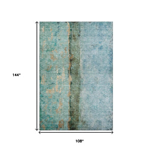 HomeRoots 9' X 12' Abstract Area Rug in Blue, Gold & Green - Washable, UV Protected, Stain Resistant Design 651021