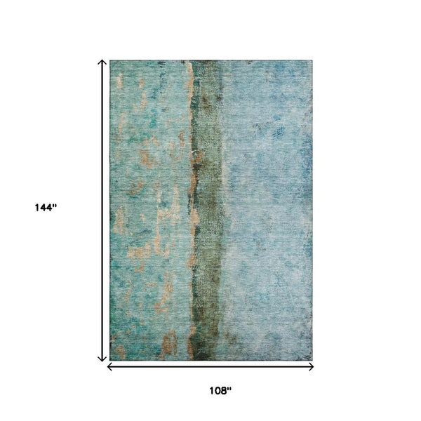 HomeRoots 9' X 12' Abstract Area Rug in Blue, Gold & Green - Washable, UV Protected, Stain Resistant Design 651021