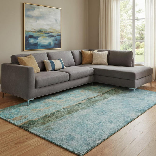 HomeRoots 9' X 12' Abstract Area Rug in Blue, Gold & Green - Washable, UV Protected, Stain Resistant Design 651021