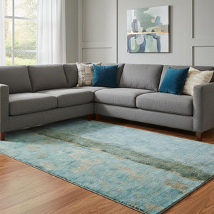 HomeRoots 10' X 14' Abstract Area Rug in Blue, Gold & Green - Durable, Washable, UV-Protected for Daily Use 651022