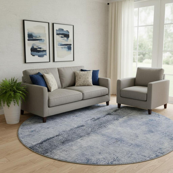 HomeRoots 8' Washable Round Rug in Denim Blue, Gray & Ivory – UV Protection, Stain Resistant, Modern Style 651025