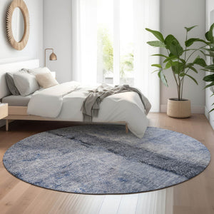 HomeRoots 8' Washable Round Rug in Denim Blue, Gray & Ivory – UV Protection, Stain Resistant, Modern Style 651025