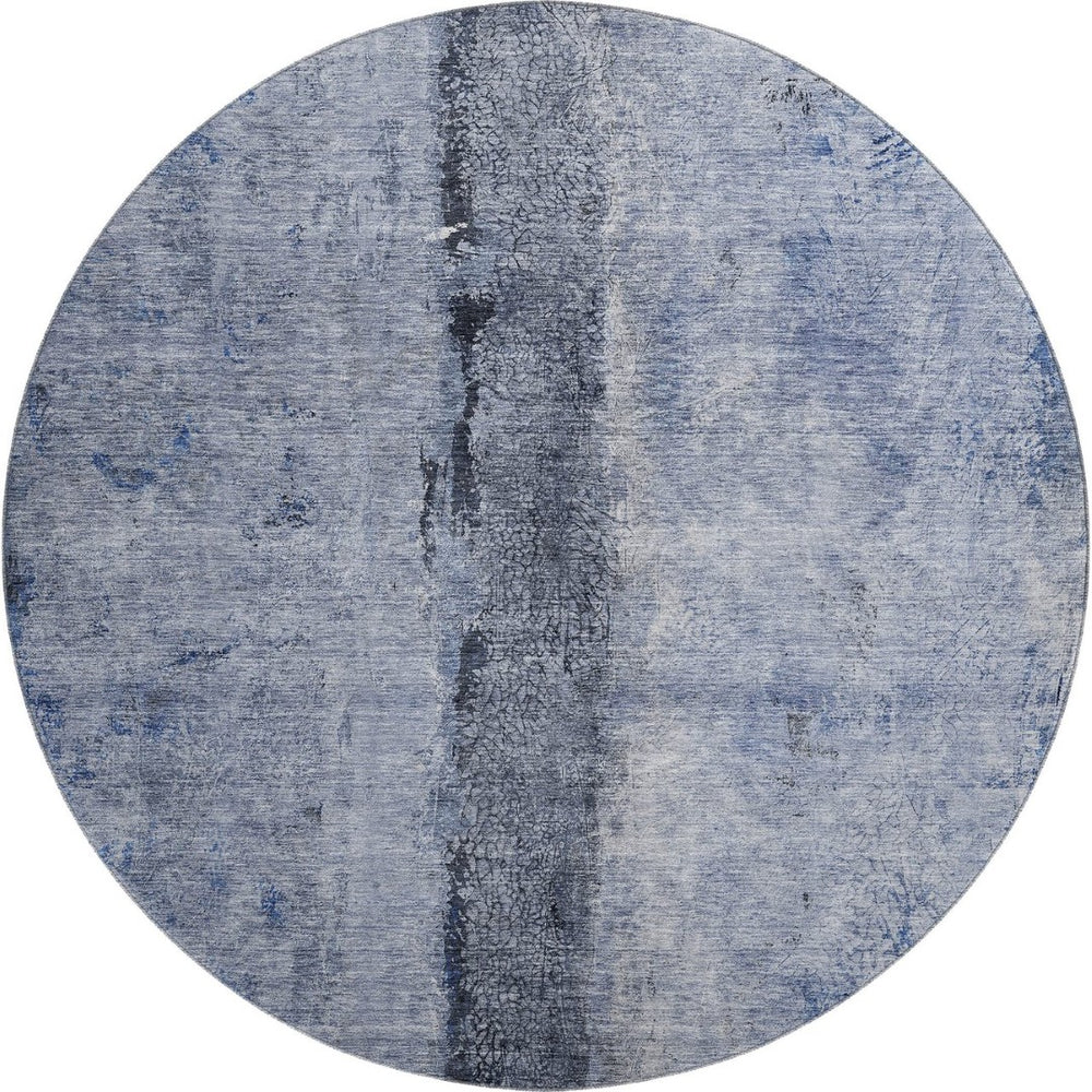 HomeRoots 8' Washable Round Rug in Denim Blue, Gray & Ivory – UV Protection, Stain Resistant, Modern Style 651025