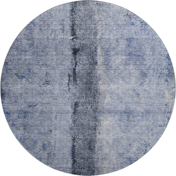 HomeRoots 8' Washable Round Rug in Denim Blue, Gray & Ivory – UV Protection, Stain Resistant, Modern Style 651025