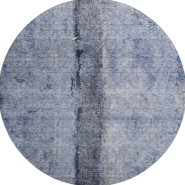 HomeRoots 8' Washable Round Rug in Denim Blue, Gray & Ivory – UV Protection, Stain Resistant, Modern Style 651025