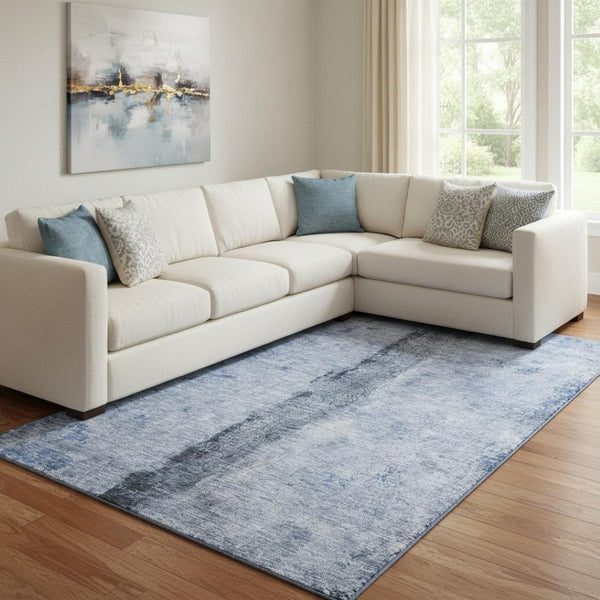 HomeRoots 8' X 10' Washable Denim Blue, Gray & Ivory Abstract Area Rug with UV Protection for High-Traffic Areas 651026