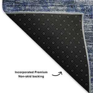 HomeRoots 10' Denim Blue Gray Ivory Abstract Washable Area Rug - Durable, Stain-Resistant, UV-Guarded Design 651028
