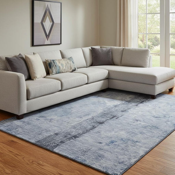 HomeRoots 10' Denim Blue Gray Ivory Abstract Washable Area Rug - Durable, Stain-Resistant, UV-Guarded Design 651028