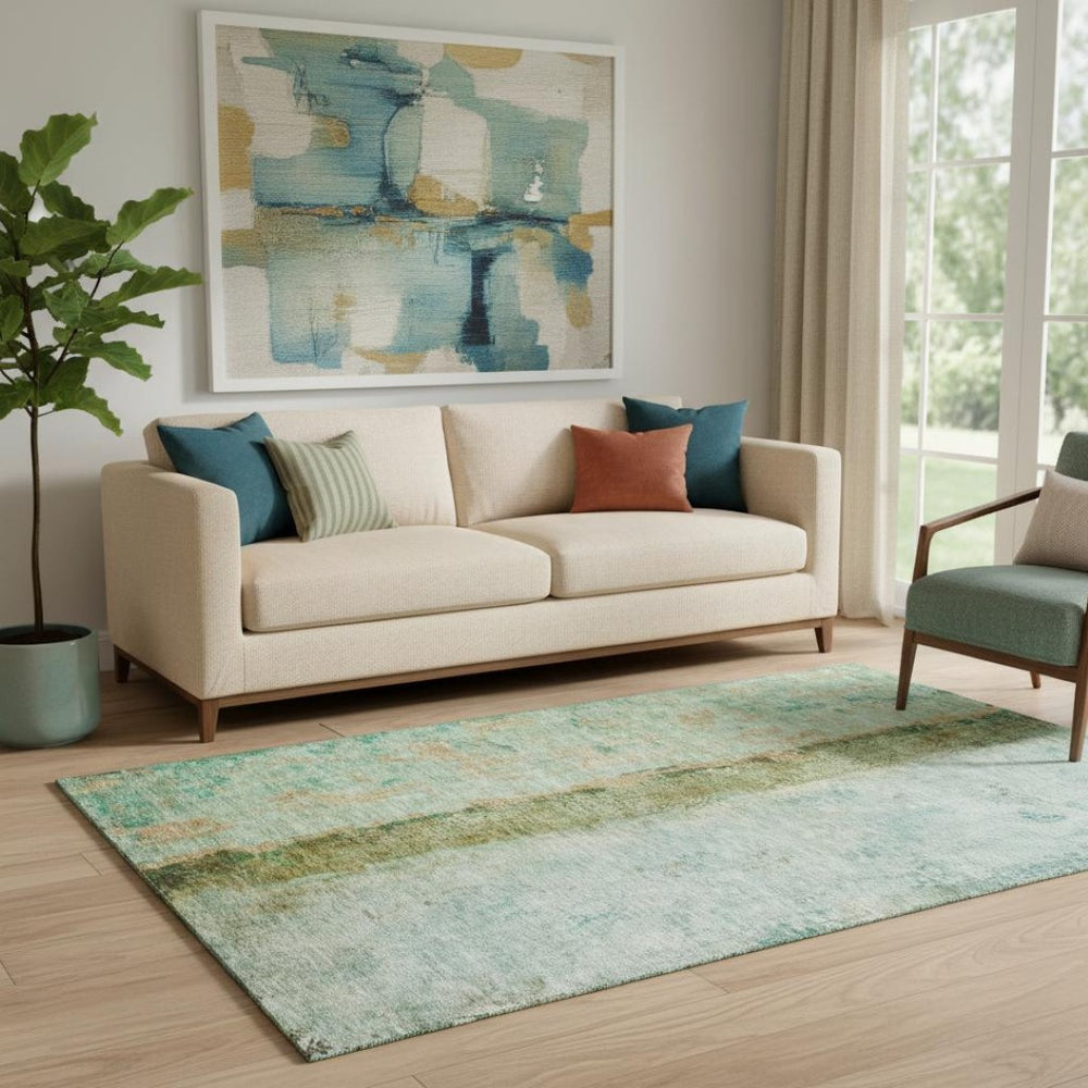 HomeRoots 5' X 8' Vibrant Green Blue Gold Abstract Washable Area Rug - Durable, UV-Protected, Stylish Design 651030
