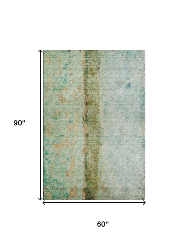 HomeRoots 5' X 8' Vibrant Green Blue Gold Abstract Washable Area Rug - Durable, UV-Protected, Stylish Design 651030