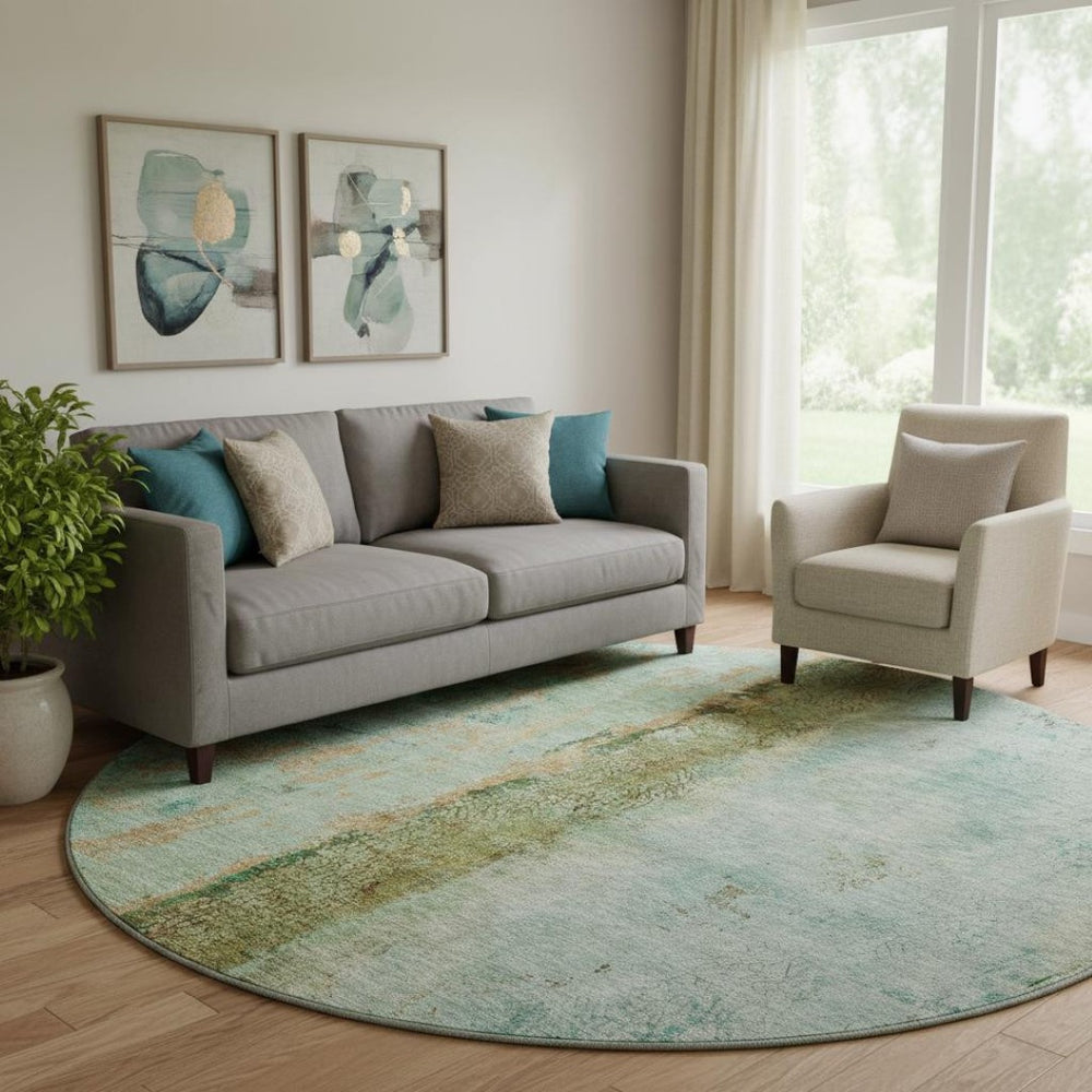 HomeRoots 8' Vibrant Green, Blue & Gold Abstract Washable Round Rug – UV Protected, Stain-Resistant & Stylish 651031