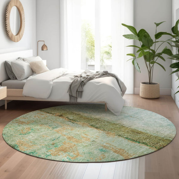 HomeRoots 8' Vibrant Green, Blue & Gold Abstract Washable Round Rug – UV Protected, Stain-Resistant & Stylish 651031