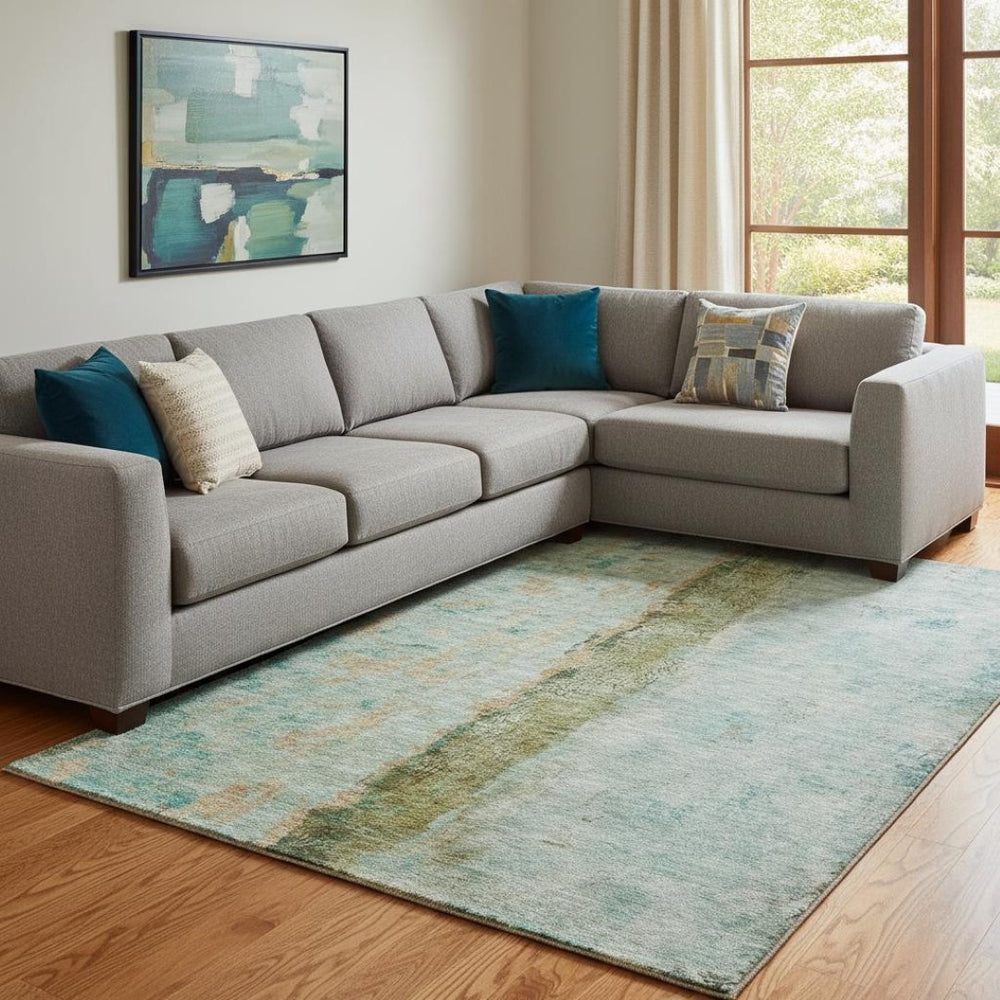 HomeRoots 8' X 10' Vibrant Green, Blue & Gold Abstract Washable Area Rug with UV Protection for High Traffic Areas 651032