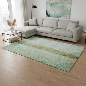 HomeRoots 10' Abstract Area Rug in Green, Blue & Gold - Durable, Washable with UV Protection for High Traffic Use 651034