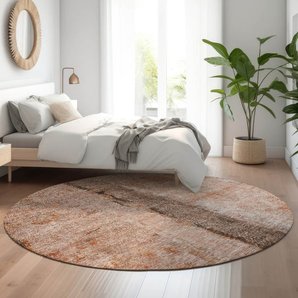HomeRoots 8' Chili Red Brown Ivory Washable Round Rug - Stylish, Durable, UV-Protected for High-Traffic Areas 651037