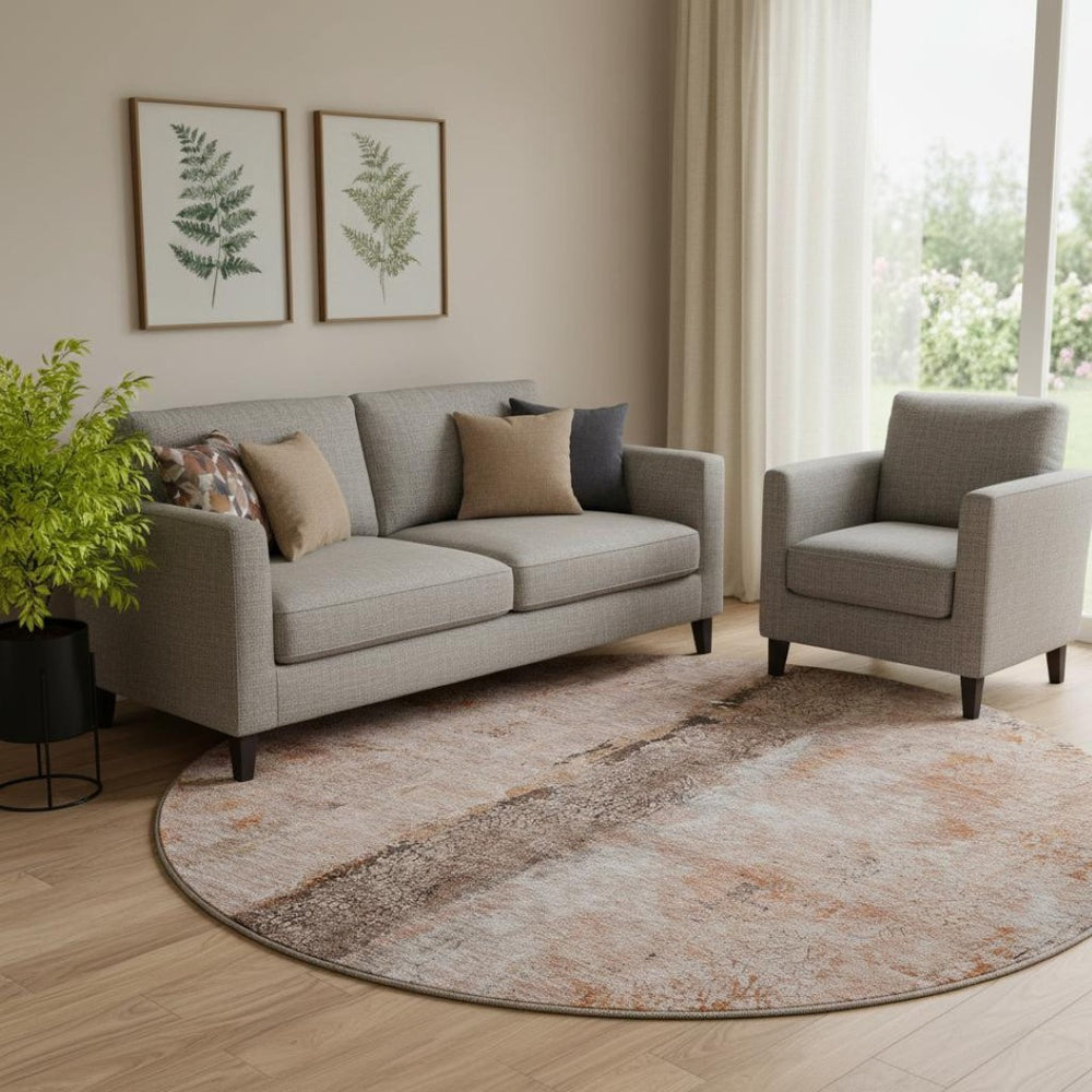 HomeRoots 8' Chili Red Brown Ivory Washable Round Rug - Stylish, Durable, UV-Protected for High-Traffic Areas 651037