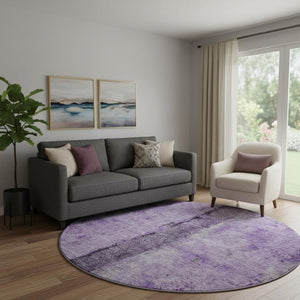 HomeRoots 8' Stunning Purple, Ivory & Gray Abstract Washable Round Rug with UV Protection for Modern Spaces 651043