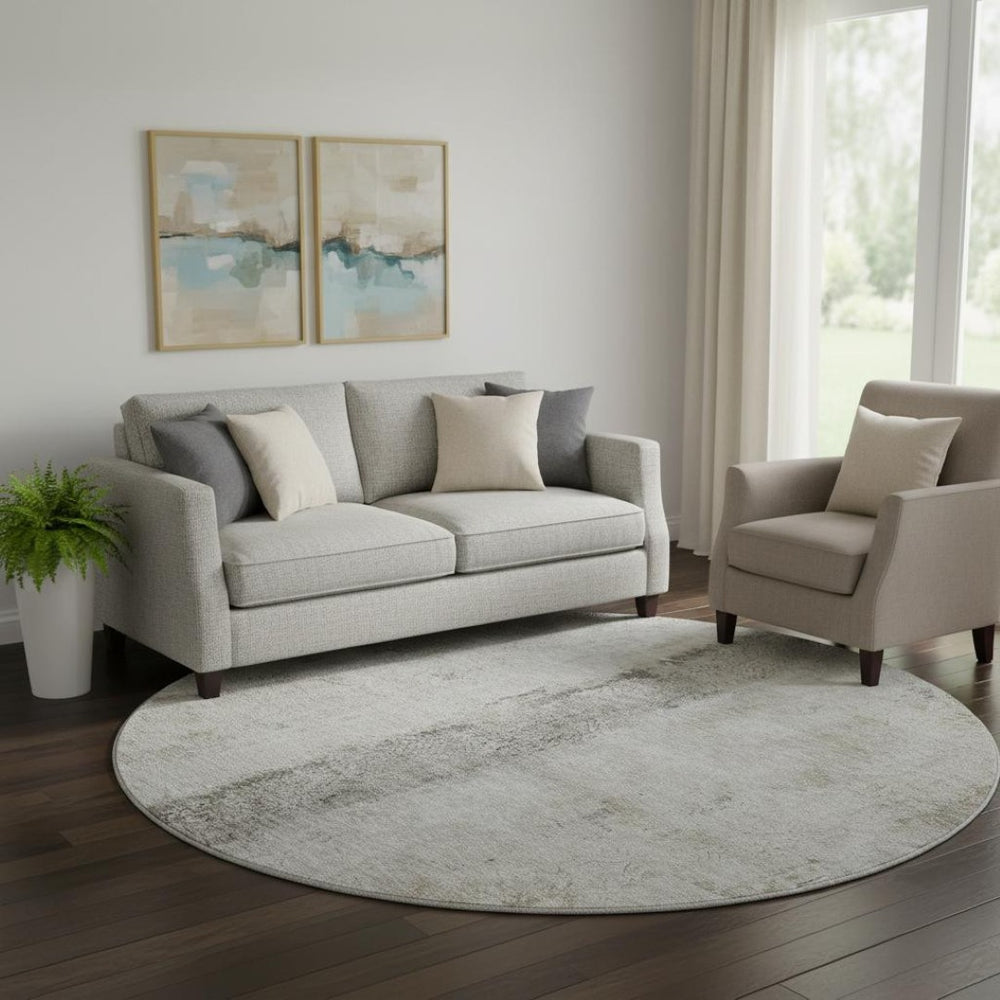 HomeRoots 8' Taupe Gray and Ivory Abstract Round Rug - Durable, Washable, UV-Protected, Ideal for High-Traffic Areas 651055