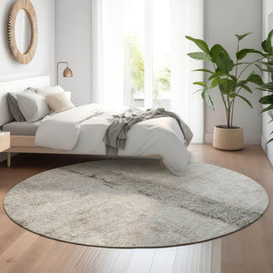 HomeRoots 8' Taupe Gray and Ivory Abstract Round Rug - Durable, Washable, UV-Protected, Ideal for High-Traffic Areas 651055