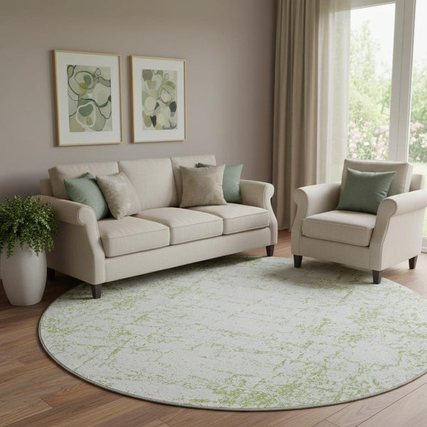 HomeRoots 8' Green and Ivory Abstract Washable Round Rug - Stylish, Durable, UV-Protected for High-Traffic Areas 651067