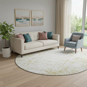 HomeRoots 8' Gold and Ivory Abstract Washable Round Rug - UV Protected, Stain-Resistant & Soft Polyester Design 651073