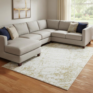 HomeRoots 8' X 10' Gold and Ivory Abstract Area Rug - Washable, UV-Protected, Stain-Resistant for Modern Homes 651074