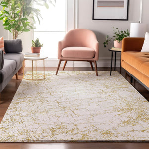 HomeRoots 8' X 10' Gold and Ivory Abstract Area Rug - Washable, UV-Protected, Stain-Resistant for Modern Homes 651074