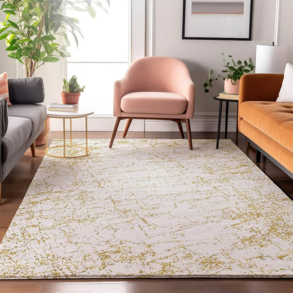 HomeRoots 8' X 10' Gold and Ivory Abstract Area Rug - Washable, UV-Protected, Stain-Resistant for Modern Homes 651074