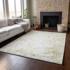 HomeRoots 8' X 10' Gold and Ivory Abstract Area Rug - Washable, UV-Protected, Stain-Resistant for Modern Homes 651074
