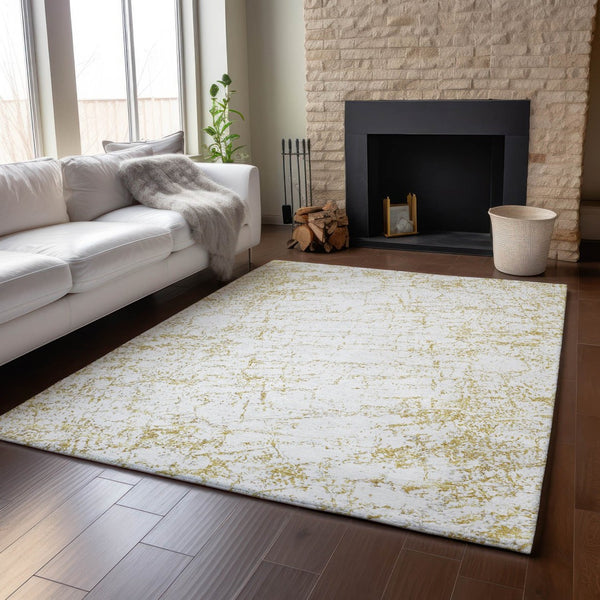 HomeRoots 8' X 10' Gold and Ivory Abstract Area Rug - Washable, UV-Protected, Stain-Resistant for Modern Homes 651074