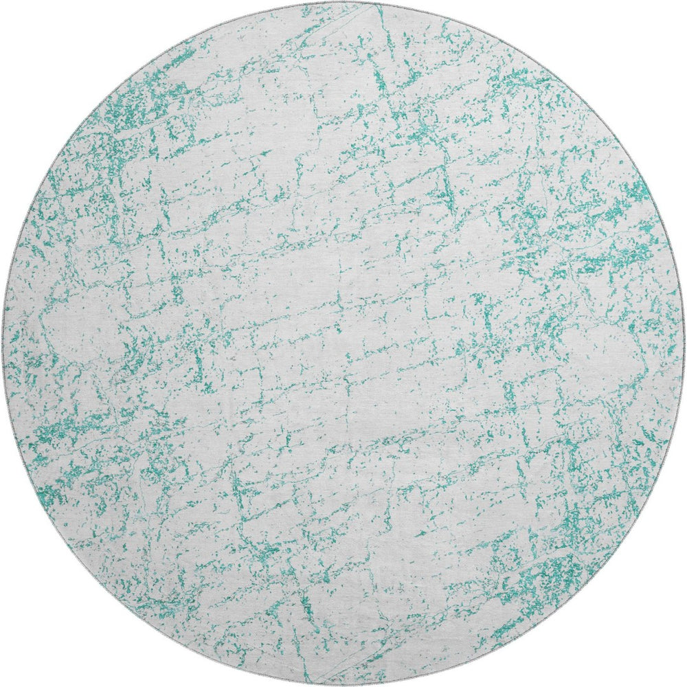 HomeRoots 8' Teal And Ivory Abstract Washable Round Rug - UV Protected, Durable, Stylish for Modern Homes 651085
