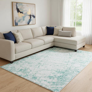 HomeRoots 8' X 10' Teal and Ivory Abstract Area Rug - Washable, UV-Protected, Durable, Pet-Friendly Design 651086