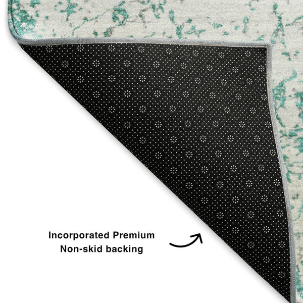 HomeRoots 8' X 10' Teal and Ivory Abstract Area Rug - Washable, UV-Protected, Durable, Pet-Friendly Design 651086