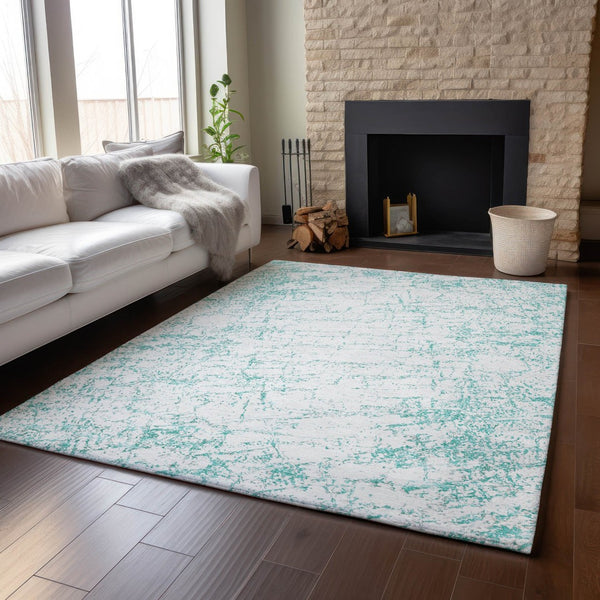 HomeRoots 8' X 10' Teal and Ivory Abstract Area Rug - Washable, UV-Protected, Durable, Pet-Friendly Design 651086