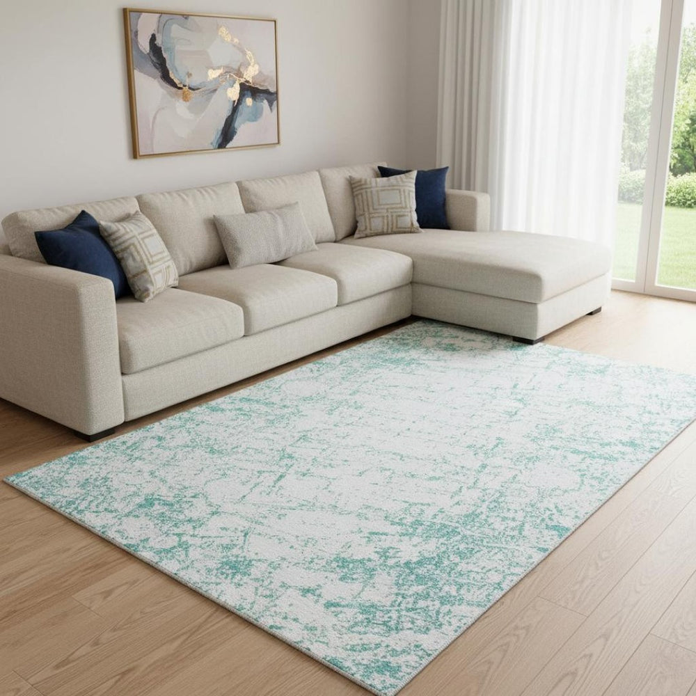 HomeRoots 10' X 14' Teal & Ivory Abstract Area Rug – Stylish, Washable, UV-Protected, Perfect for High-Traffic Spaces! 651088