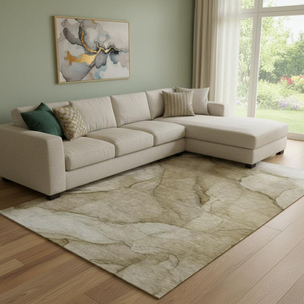 HomeRoots 8' X 10' Washable Area Rug with UV Protection - Brown, Ivory & Beige Abstract Design for Modern Homes 651092