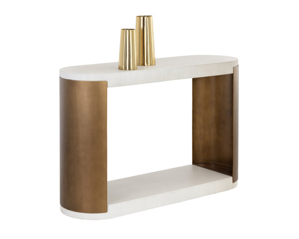 Sunpan Cavette Console Table – Opulent White Concrete with Antique Brass Frame for Indoor & Outdoor Elegance
