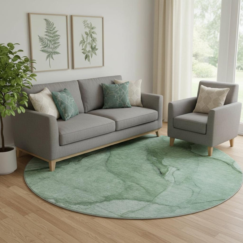 HomeRoots 8' Green and Ivory Abstract Round Rug – Washable, UV Protected, Durable Design for High-Traffic Areas! 651097