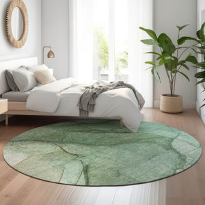 HomeRoots 8' Green and Ivory Abstract Round Rug – Washable, UV Protected, Durable Design for High-Traffic Areas! 651097