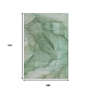 HomeRoots 9' X 12' Green and Ivory Abstract Washable Area Rug – UV Protected, Stain Resistant, Easy Care Design 651099