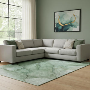 HomeRoots 9' X 12' Green and Ivory Abstract Washable Area Rug – UV Protected, Stain Resistant, Easy Care Design 651099