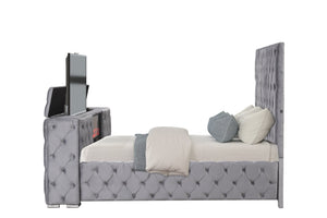 English Elm Encore Modern Tufted King Bed With Upholstery, Wood Frame, And Hidden Tv Compartment In Gray B009S01682